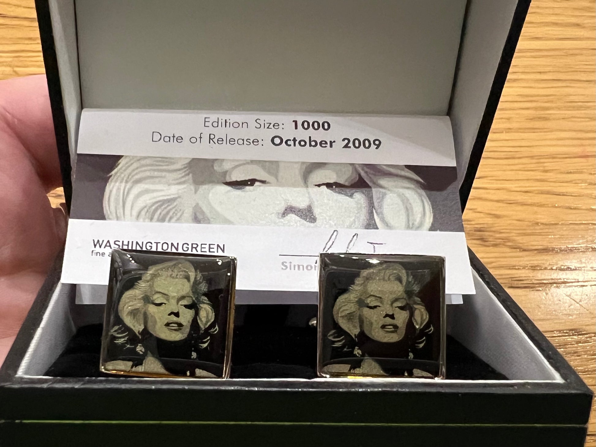 Marilyn Monroe Cufflinks by Simon Claridge. Available at The Acorn Gallery in Pocklington. Call 01759 307652.
