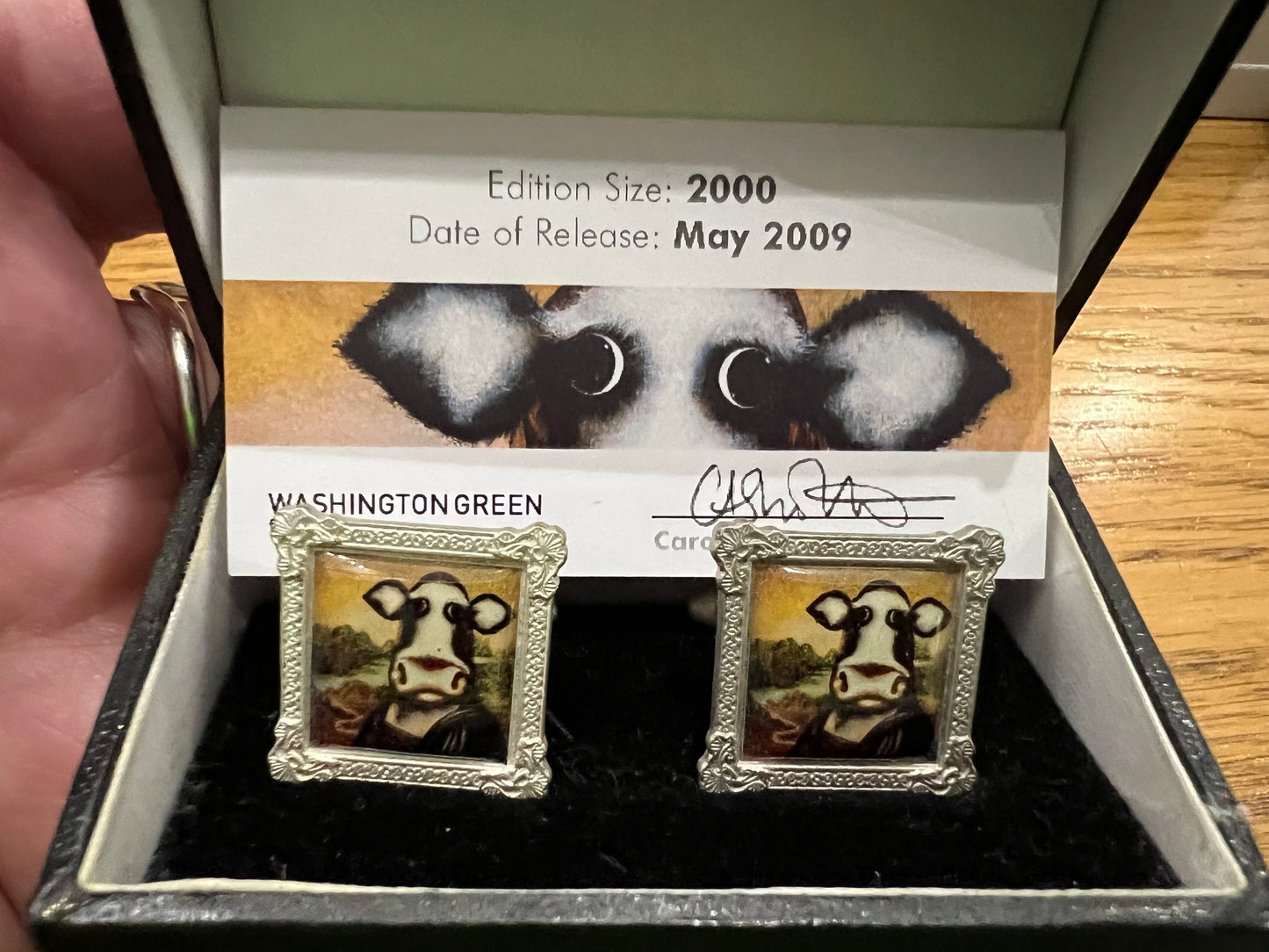 Caroline Shotton Cufflinks, Set of 4. Includes The Laughing Cowvalier, Cow With a Pearl Earring, Moona Lisa, The Smooch. Available at The Acorn Gallery in Pocklington. Call 01759 307652