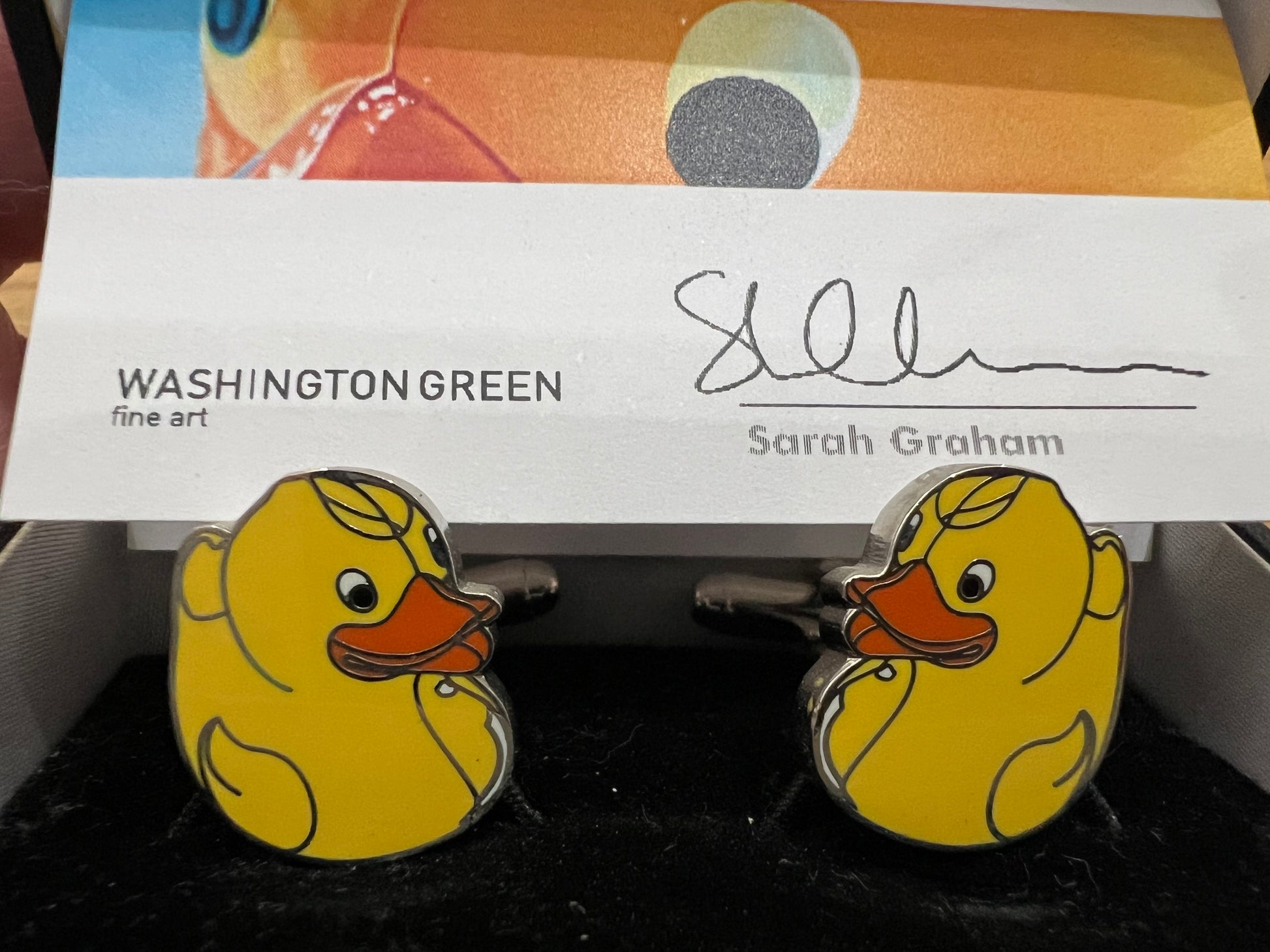 Quack Quack Rubber Duck Cufflinks by Sarah Graham. Available at The Acorn Gallery in Pocklington. Call 01759 307652