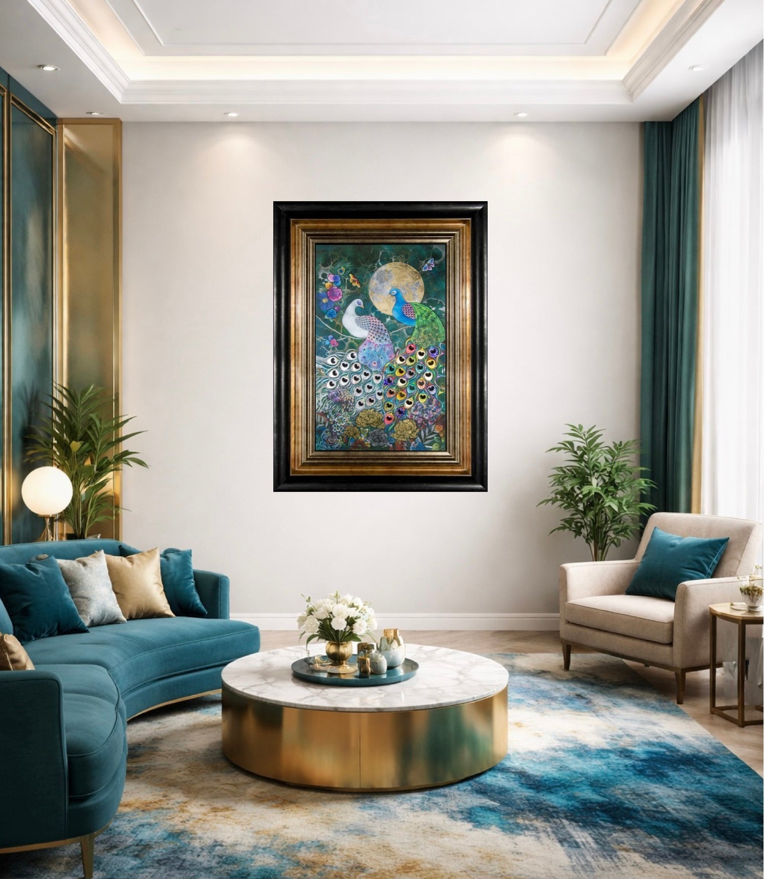 Alchemy by Kerry Darlington shown in a modern contemporary living room. A beautiful peacock picture with high gloss 3D elements. Available to order as a framed print at The Acorn Gallery, Pocklington. Official Partner Gallery. Safe UK Delivery. Visit Us or Call 01759 307652.