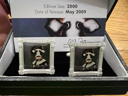 Caroline Shotton Cufflinks, Set of 4. Includes The Laughing Cowvalier, Cow With a Pearl Earring, Moona Lisa, The Smooch. Available at The Acorn Gallery in Pocklington. Call 01759 307652