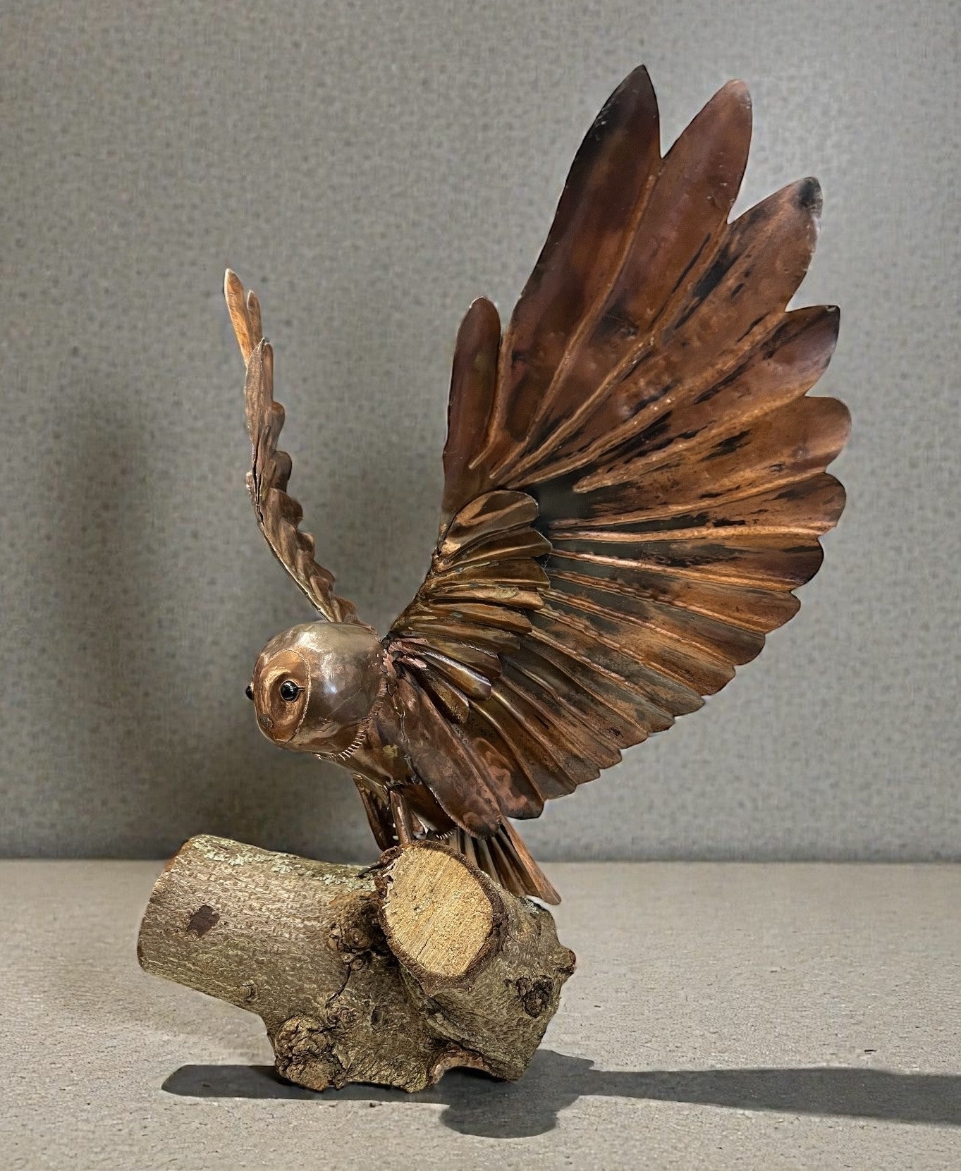 Graham Anderton Barn Owl Sculpture made from copper and available from The Acorn Gallery in Pocklington. Free UK Delivery.