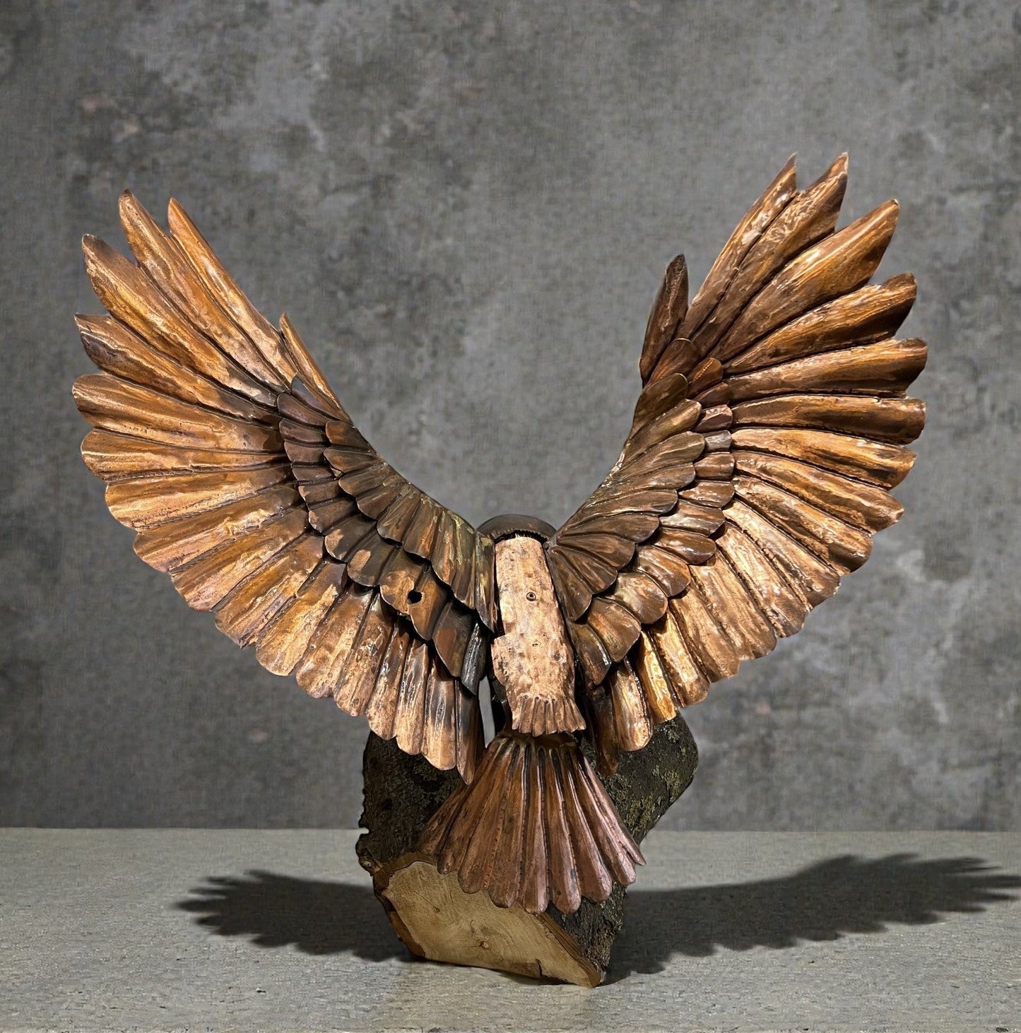 Graham Anderton Barn Owl Sculpture made from copper and available from The Acorn Gallery in Pocklington. Free UK Delivery.