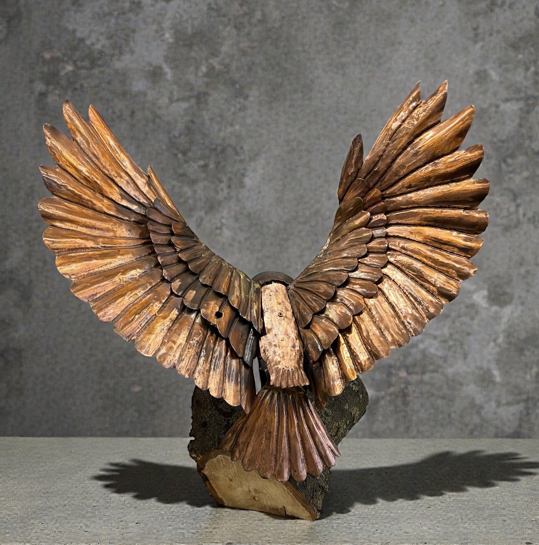 Graham Anderton Barn Owl Sculpture made from copper and available from The Acorn Gallery in Pocklington. Free UK Delivery.