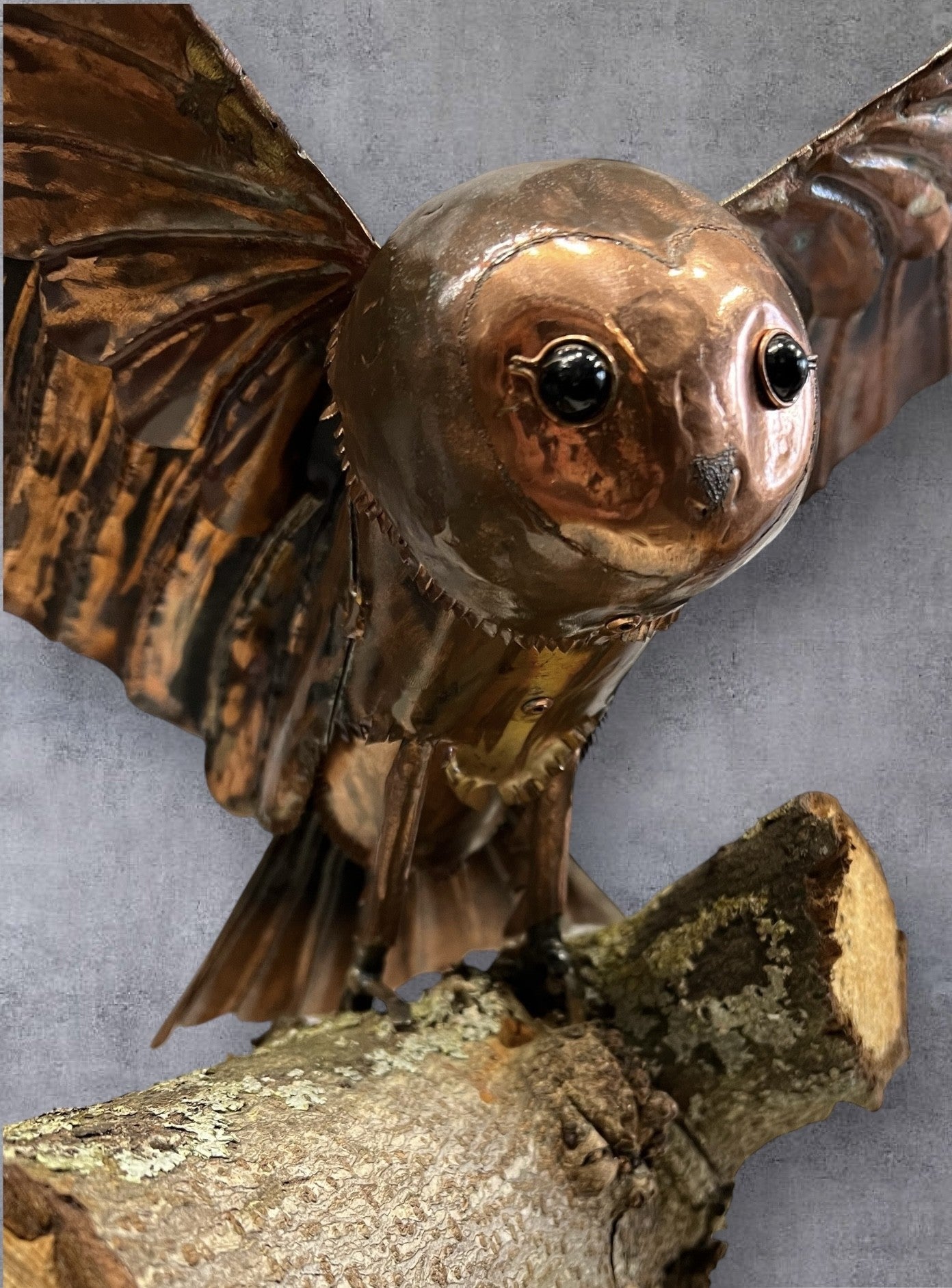 Graham Anderton Barn Owl Sculpture made from copper and available from The Acorn Gallery in Pocklington. Free UK Delivery.