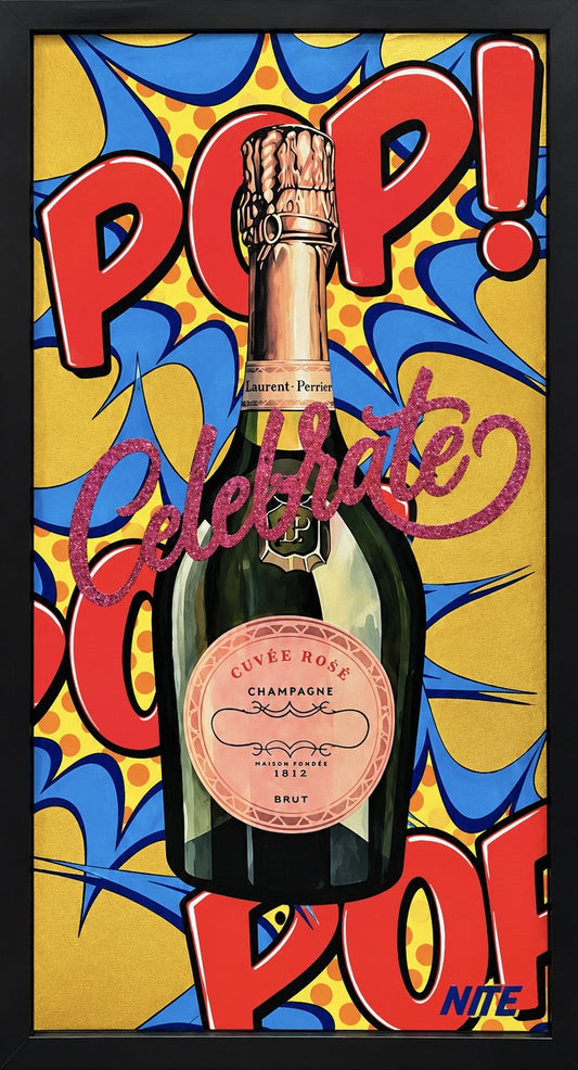 Celebrate original pop art by Craig Knight aka NITE featuring Laurent-Perrier Rosé Champagne, colourful POP lettering and a black frame.