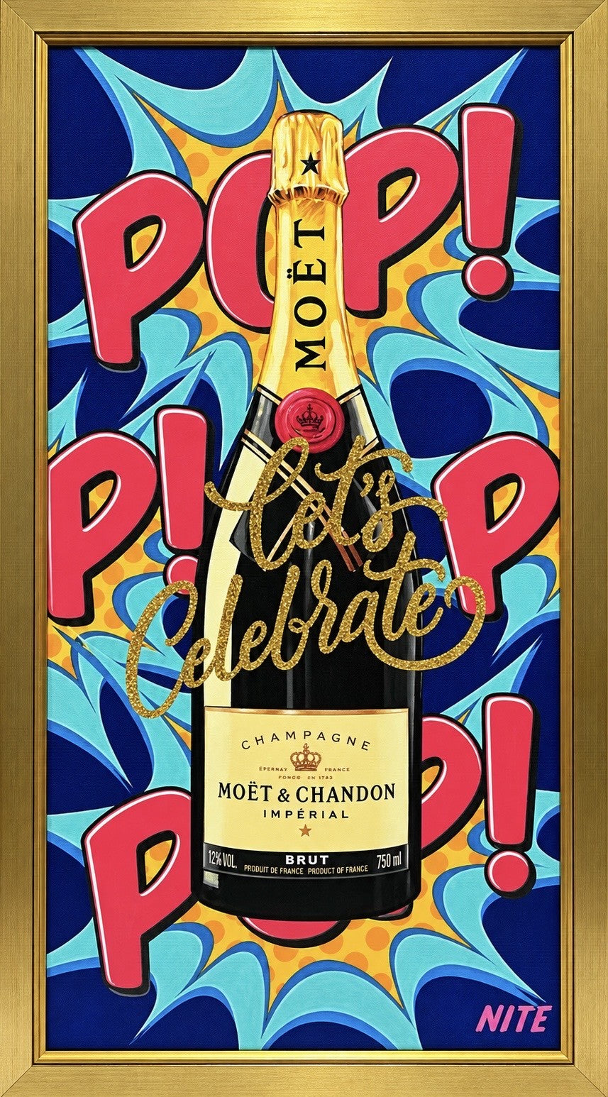 Let's Celebrate original painting by Craig Knight aka NITE featuring Moët & Chandon Champagne, gold glitter lettering and a gold frame.