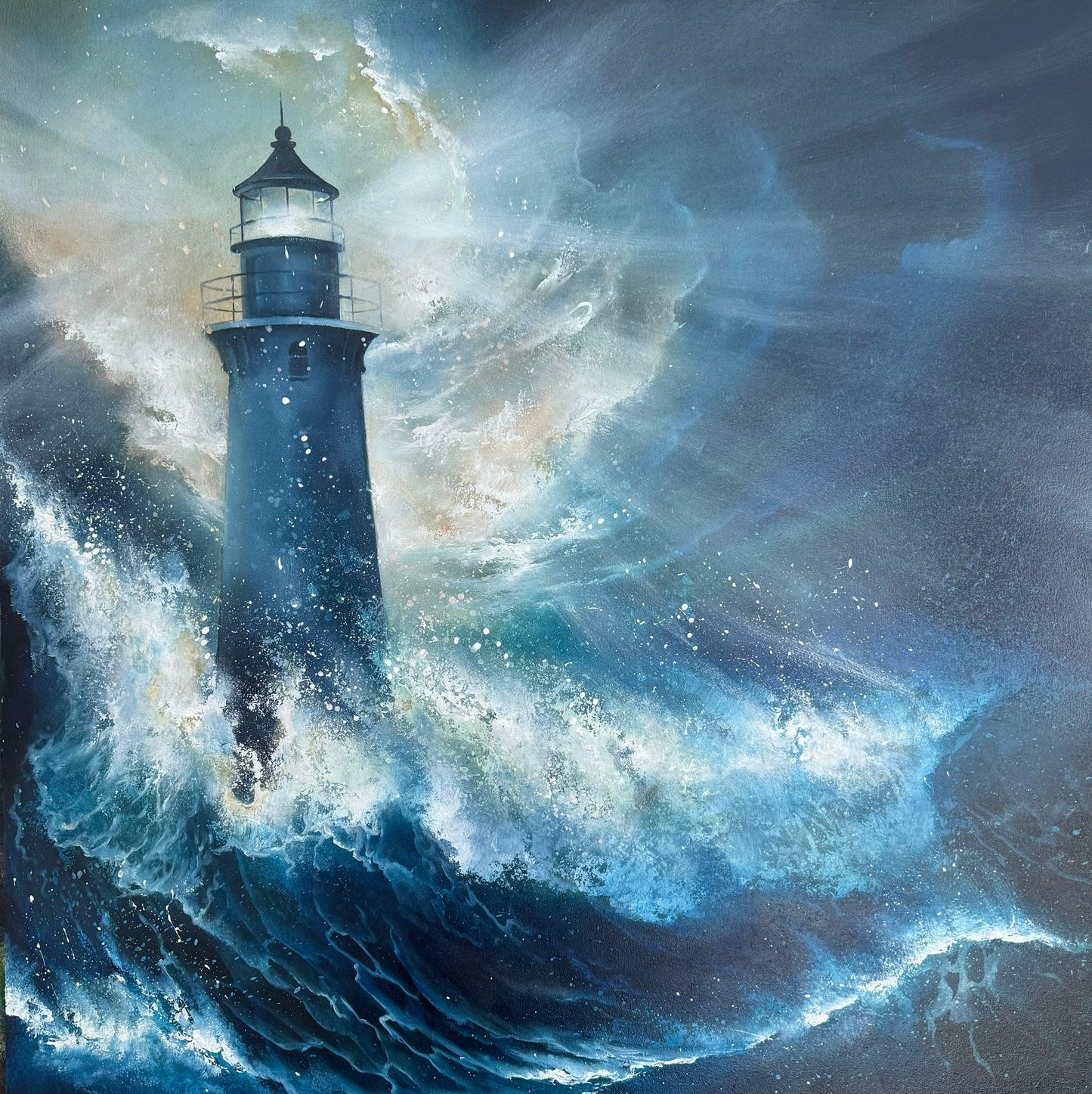 Hamish Herd Storm Defiance Lighthouse Original Painting available from The Acorn Gallery, Pocklington. Shop online or call us on 01759 307652.