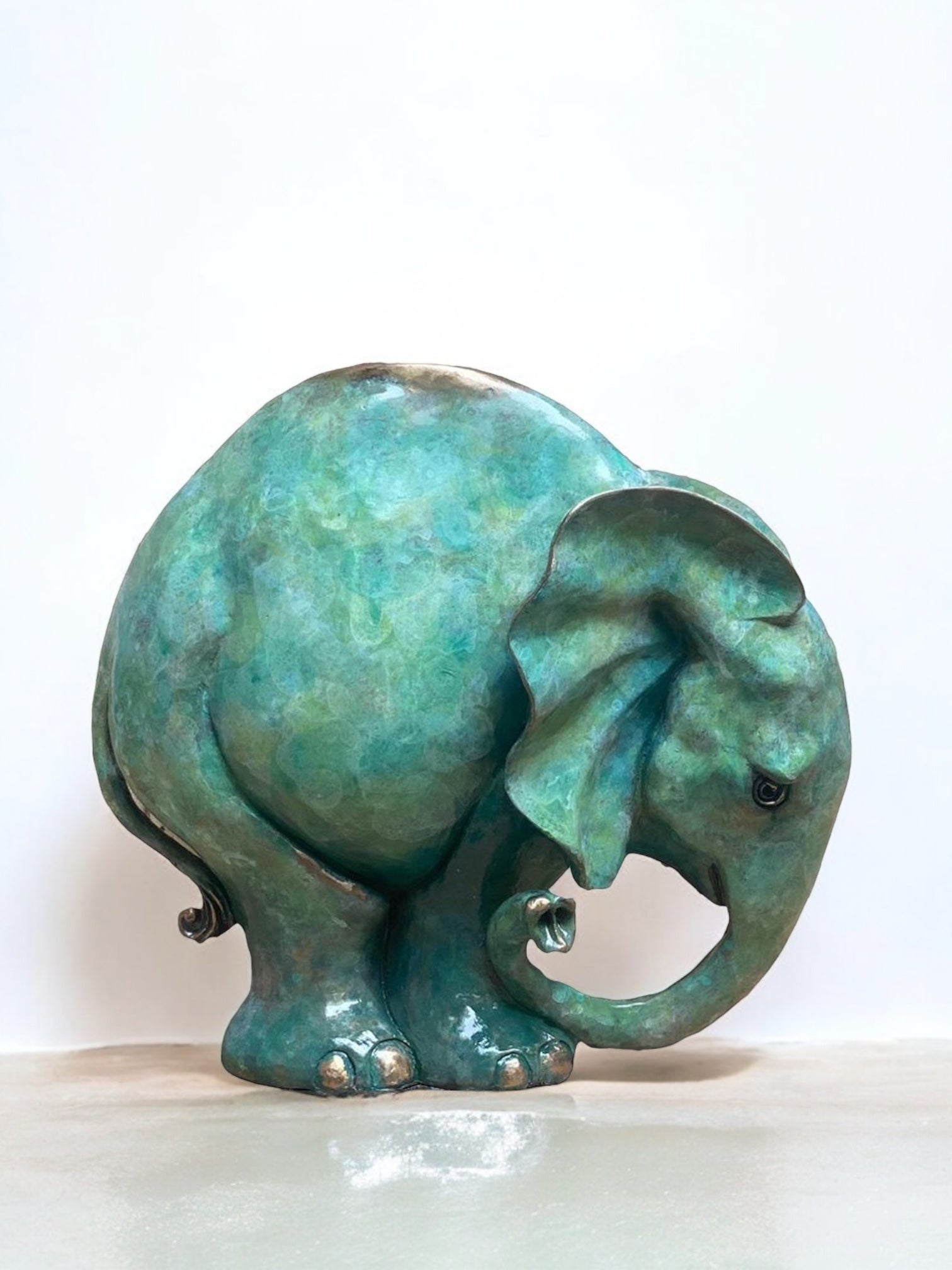 A fabulous elephant sculpture by Yorkshire artist Roxy Winterburn. Cast in bronze with a verdigris finish Bubbles will win your heart. Small edition. FREE UK Delivery.