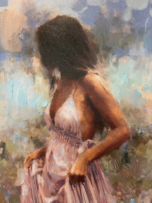 Blue Magic by Tony Hinchliffe, a beautiful limited edition canvas print of a young woman in a pink dress walking through a flower meadow. Available from The Acorn Gallery in Pocklington. Order online or call us on 01759 307652. 