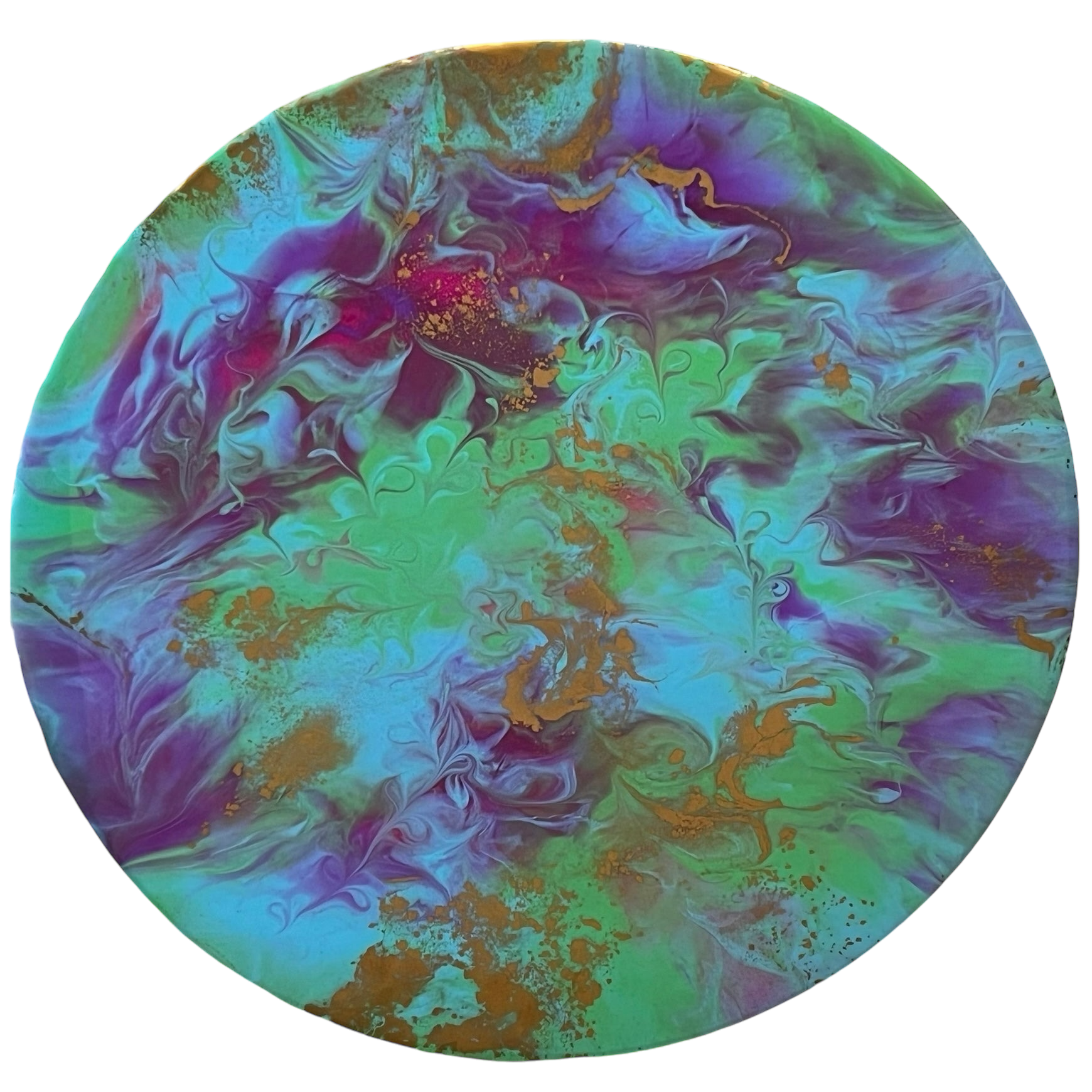 Golden Ripples Original by Carol Gillan, a circular original abstract painting of purple, green and blue ripples all with a fabulous gold highlight between them. Available from The Acorn Gallery in Pocklington. Order online or call us on 01759 307652. 