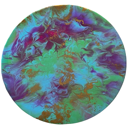 Golden Ripples Original by Carol Gillan, a circular original abstract painting of purple, green and blue ripples all with a fabulous gold highlight between them. Available from The Acorn Gallery in Pocklington. Order online or call us on 01759 307652. 