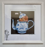 A dormouse asleep in a blue and white China teapot just like Alice in Wonderland’s mad hatter tea party. Print available with delivery from The Acorn Gallery in Pocklington. 
￼