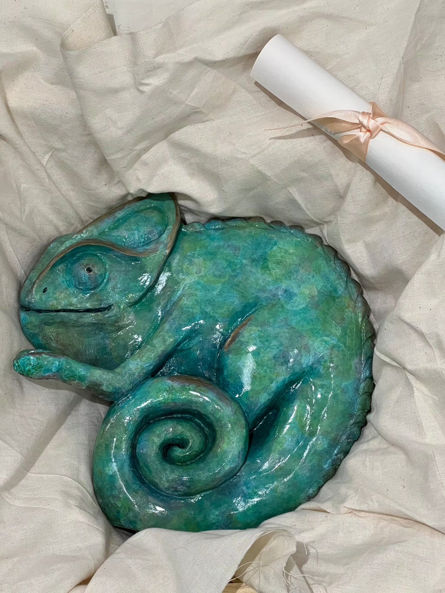 Beautiful bronze chameleon sculpture by artist Roxy Winterburn and available from The Acorn Gallery in Pocklington. Order Online or call us on 01759 307652. 