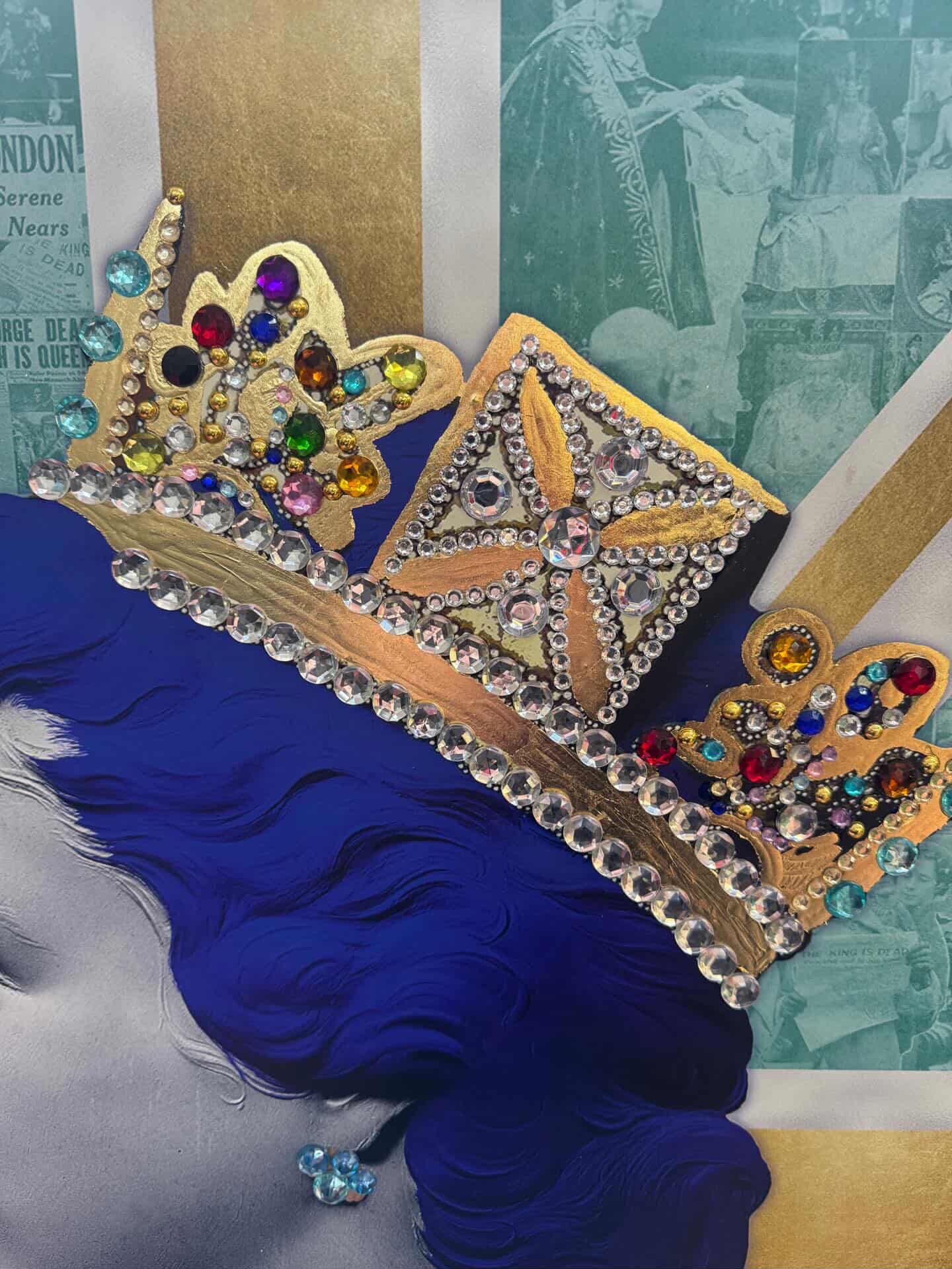 Artistic depiction of HRH Queen Elizabeth II wearing a blue dress and gold crown against a teal and gold newsprint background. The crown is bejewelled. Artwork by Mark Illuminati and is available from The Acorn Gallery in Pocklington. Tel 01759 307652. 