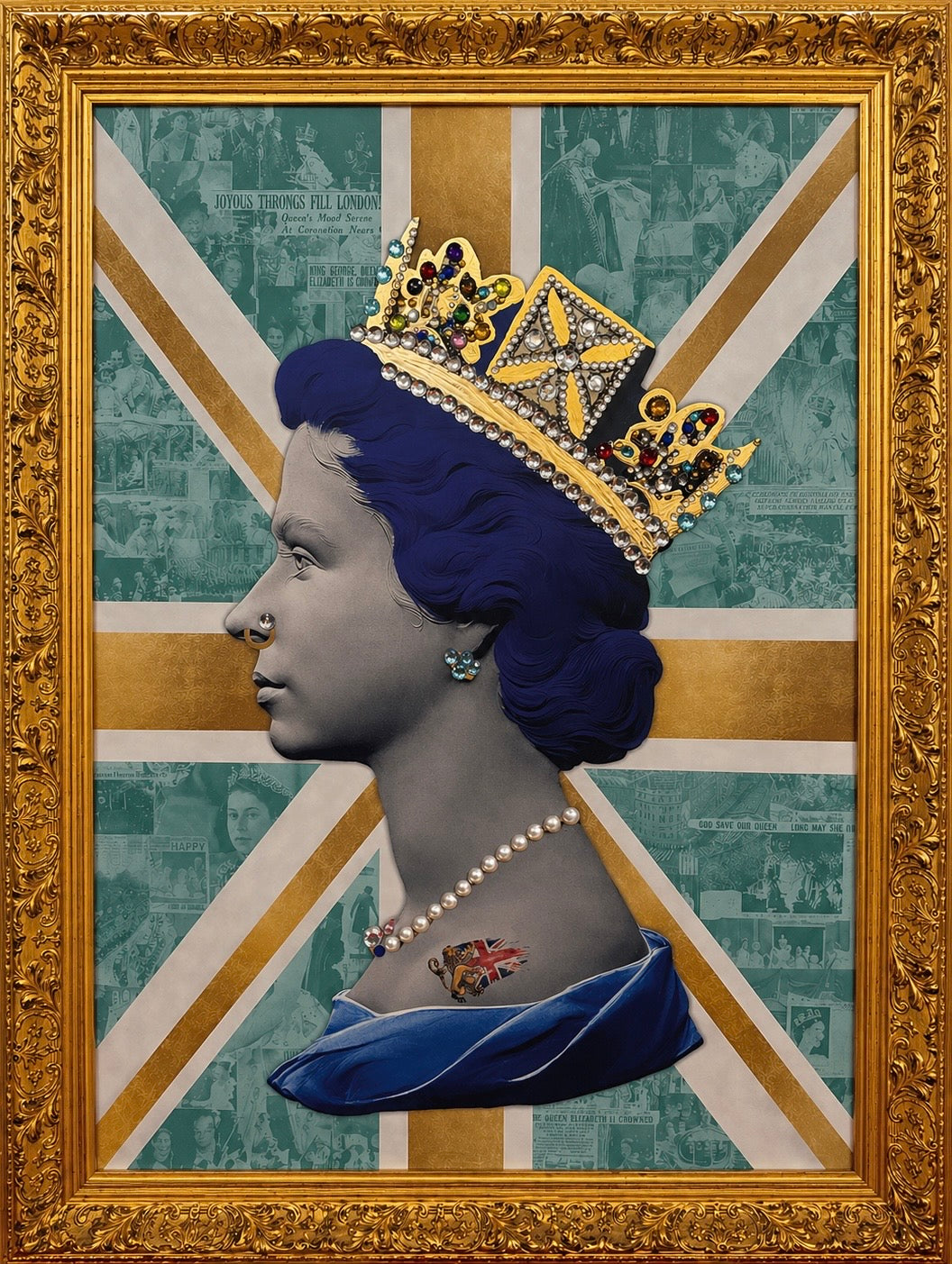 Artistic depiction of HRH Queen Elizabeth II wearing a blue dress and gold crown against a teal and gold newsprint background. The crown is bejewelled. Artwork by Mark Illuminati and is available from The Acorn Gallery in Pocklington. Tel 01759 307652. 