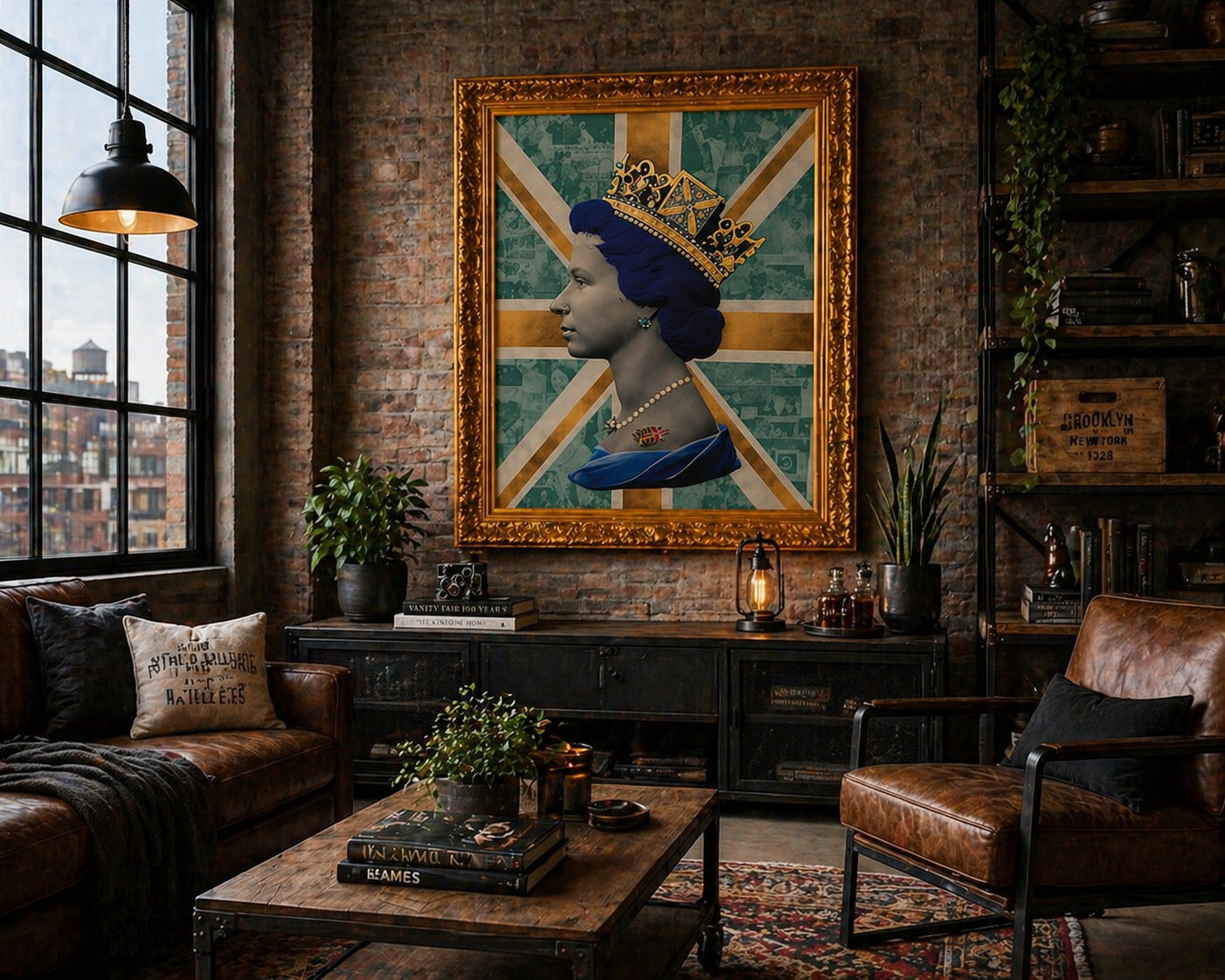 A contemporary brown leather and brick living room with artwork by Mark Illuminati showing HRH Queen Elizabeth II against a teal and gold newsprint background. The crown is bejewelled. Artwork by Mark Illuminati and is available from The Acorn Gallery in Pocklington. Tel 01759 307652. 
