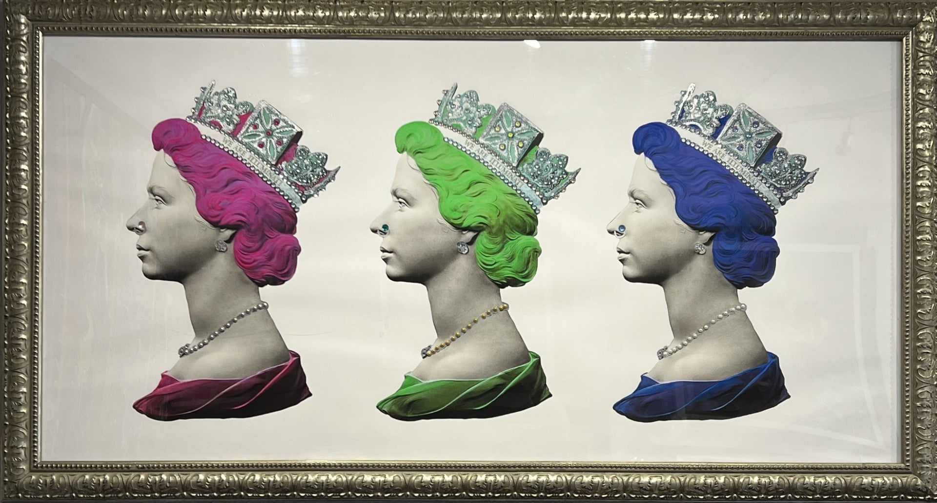 Punk Queen Triptych limited edition print by Illuminati Neon hand-embellished with jewels and silver leaf framed 28x52 inches signed