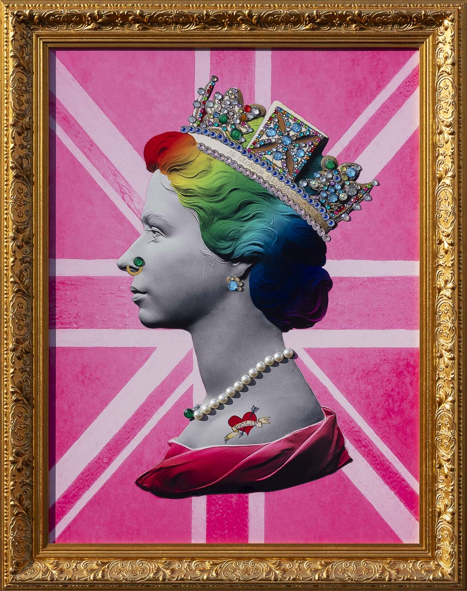 Limited edition Queen Pink Print by Illuminati Neon on aluminium with jewels and gold leaf, hand signed, framed 36x27.5 inches