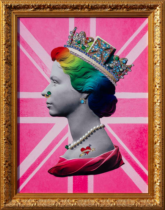 Limited edition Queen Pink Print by Illuminati Neon on aluminium with jewels and gold leaf, hand signed, framed 36x27.5 inches