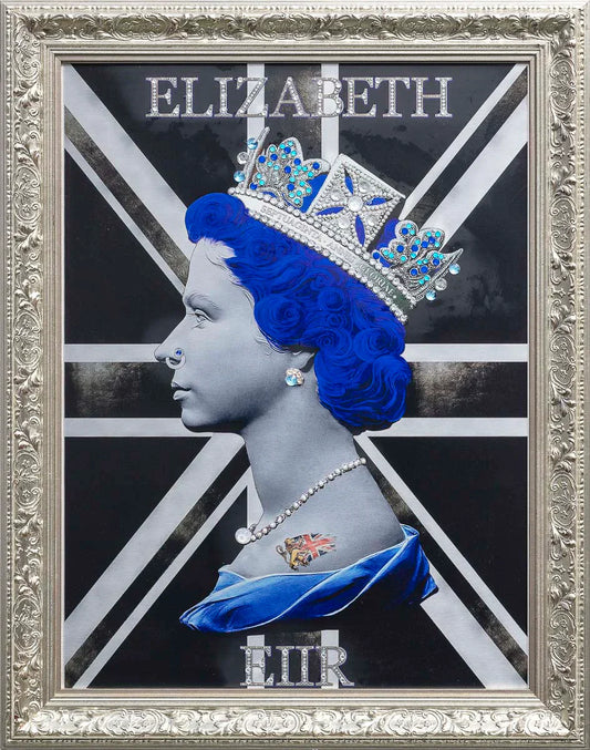 Illuminati Neon Queen Black and Silver print on aluminium with jewels and silver leaf, hand-signed limited edition 1/1 framed artwork