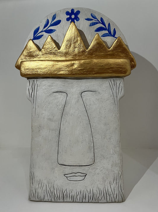 Feast Boldly original ceramic Bighead sculpture by Jenny Mackenzie with gold crown and blue decoration.