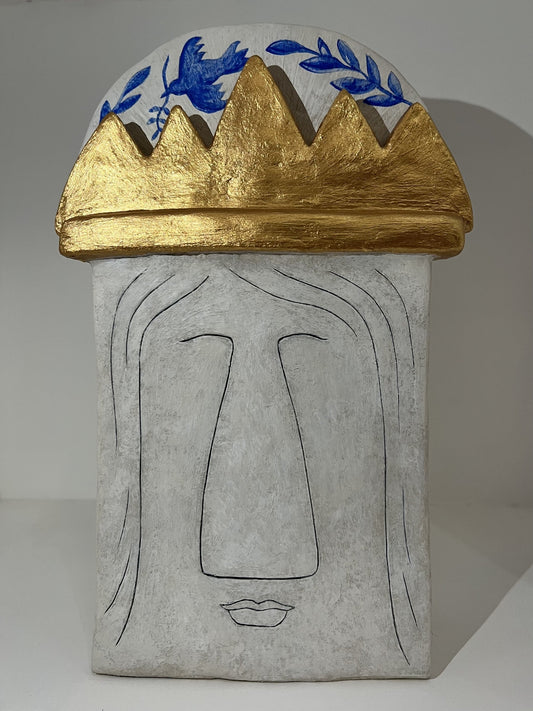 Royal by Birth original ceramic Bighead sculpture by Jenny Mackenzie with gold crown and blue bird decoration.