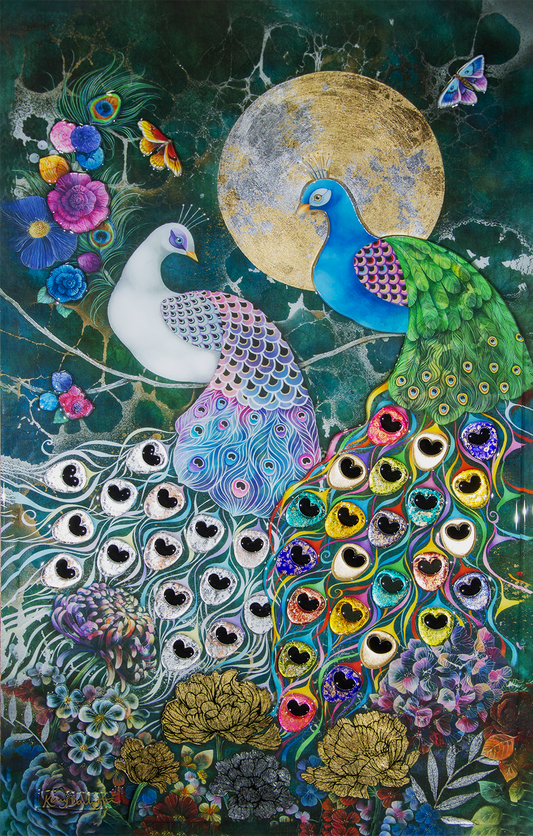 Alchemy by Kerry Darlington. A beautiful peacock picture with high gloss 3D elements. Available to order as a framed print at The Acorn Gallery, Pocklington. Official Partner Gallery. Safe UK Delivery. Visit Us or Call 01759 307652.