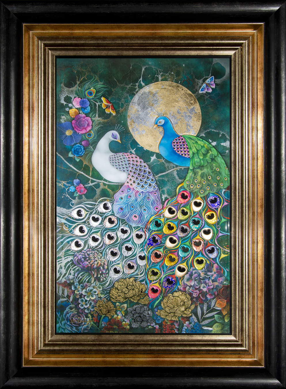 Alchemy in a black and gold frame by Kerry Darlington. A beautiful peacock picture with high gloss 3D elements. Available to order as a framed print at The Acorn Gallery, Pocklington. Official Partner Gallery. Safe UK Delivery. Visit Us or Call 01759 307652.