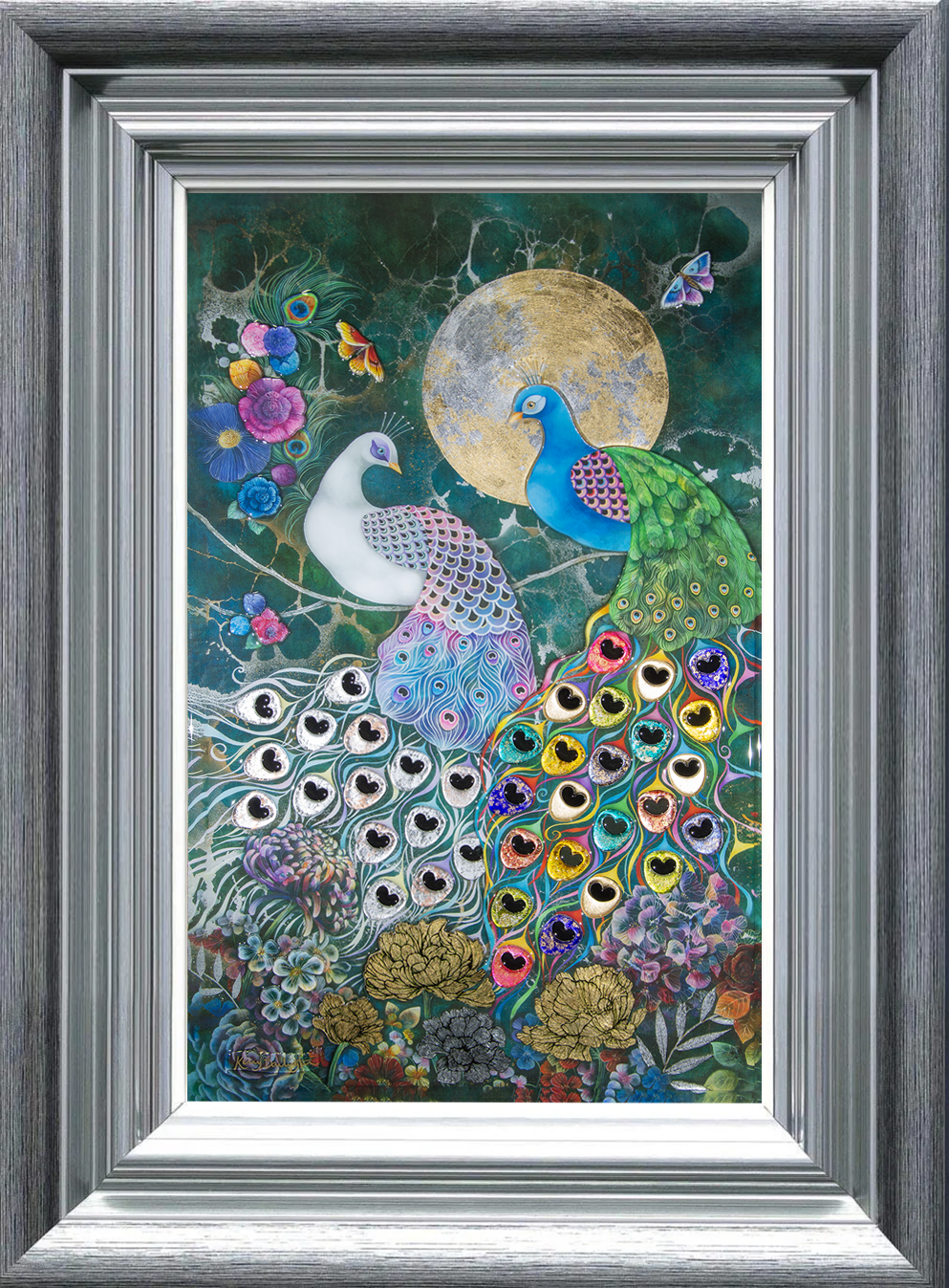 Alchemy in a silver frame by Kerry Darlington. A beautiful peacock picture with high gloss 3D elements. Available to order as a framed print at The Acorn Gallery, Pocklington. Official Partner Gallery. Safe UK Delivery. Visit Us or Call 01759 307652.
