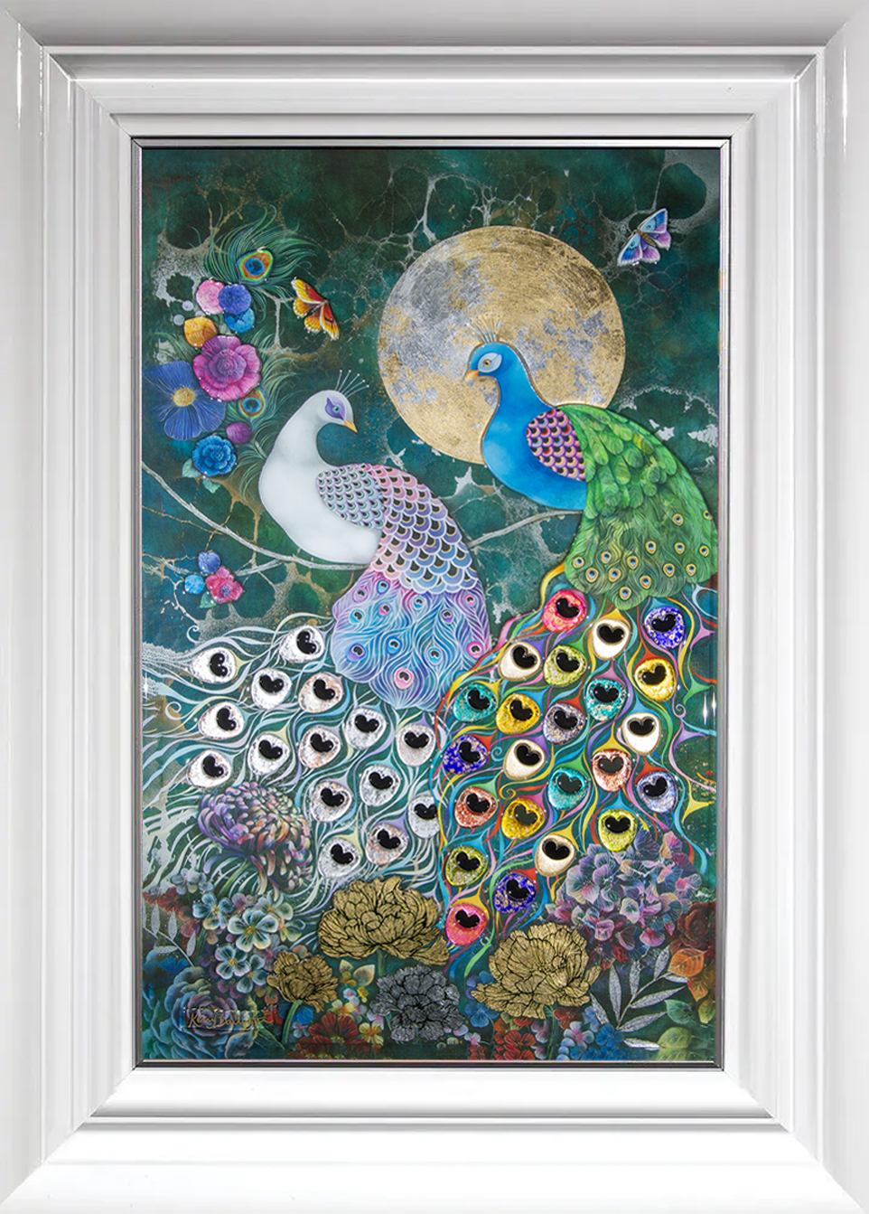 Alchemy in a white frame by Kerry Darlington. A beautiful peacock picture with high gloss 3D elements. Available to order as a framed print at The Acorn Gallery, Pocklington. Official Partner Gallery. Safe UK Delivery. Visit Us or Call 01759 307652.