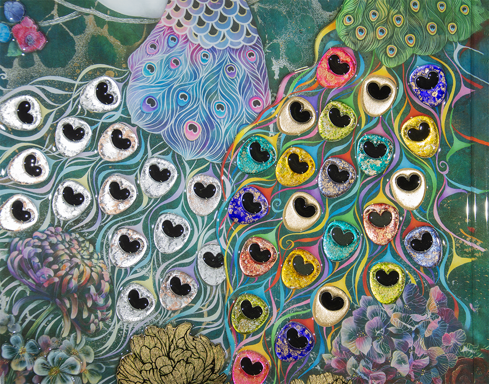 Alchemy by Kerry Darlington. A beautiful peacock picture with high gloss 3D elements. Available to order as a framed print at The Acorn Gallery, Pocklington. Official Partner Gallery. Safe UK Delivery. Visit Us or Call 01759 307652.