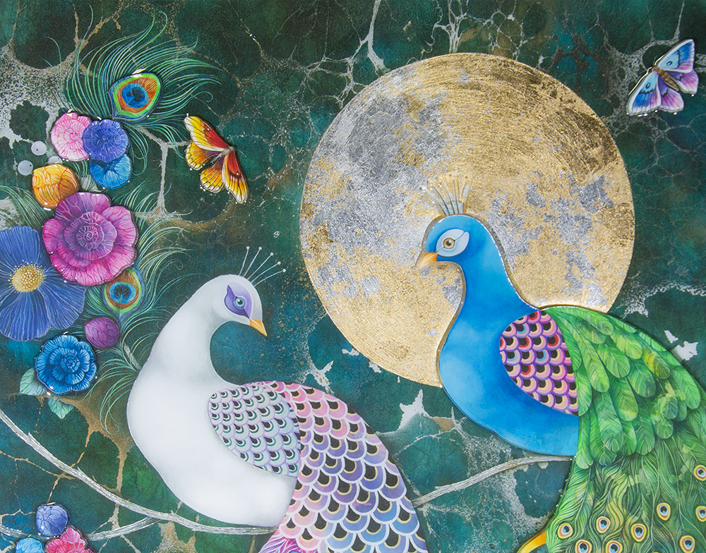 Alchemy by Kerry Darlington. A beautiful peacock picture with high gloss 3D elements. Available to order as a framed print at The Acorn Gallery, Pocklington. Official Partner Gallery. Safe UK Delivery. Visit Us or Call 01759 307652.
