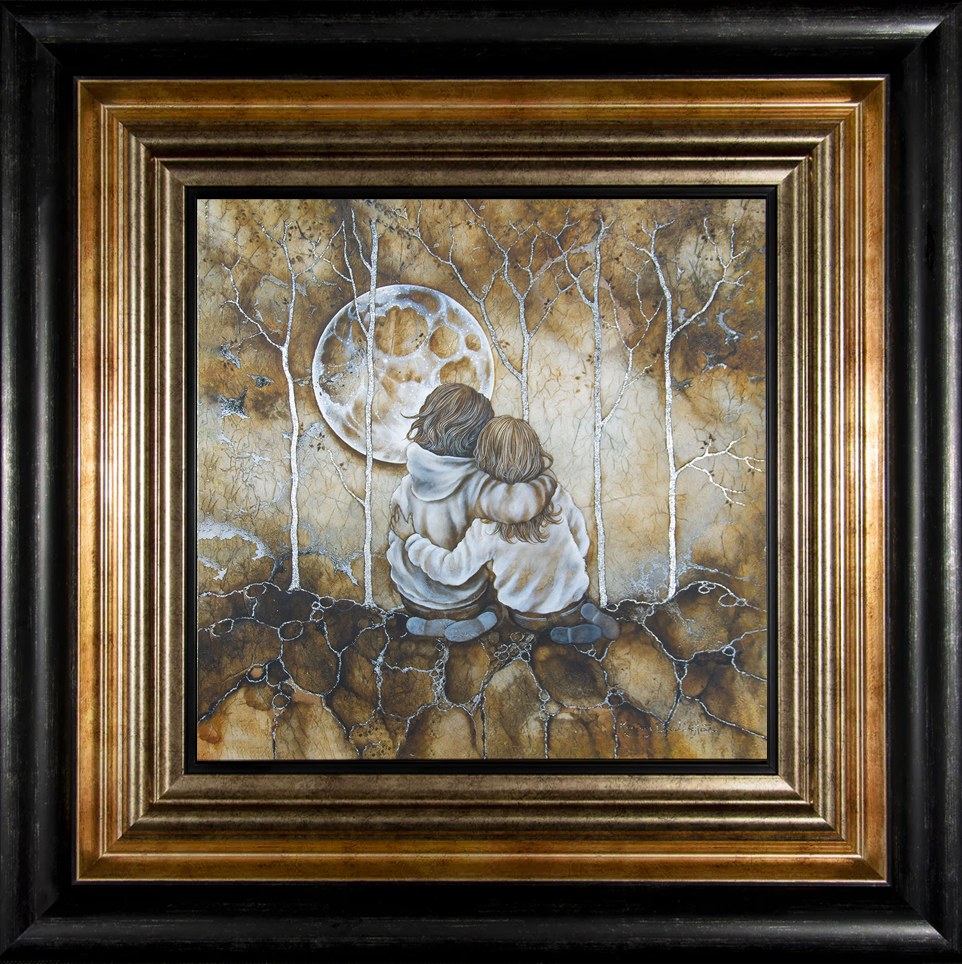 My Best Friend in a black frame by artist Kerry Darlington, showing best friends gazing at the moon. Available framed at The Acorn Gallery, Pocklington. Visit us or call 01759 307652. 