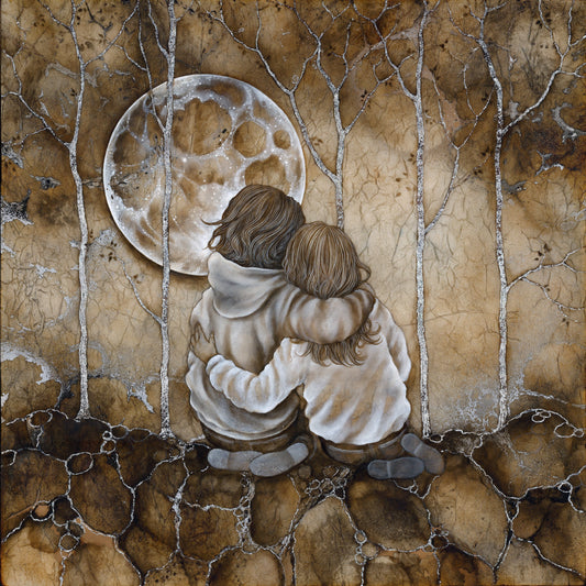 My Best Friend by artist Kerry Darlington, showing best friends gazing at the moon. Available framed at The Acorn Gallery, Pocklington. Visit us or call 01759 307652. 