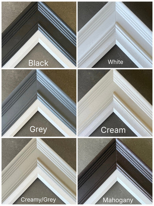 A selection of available frames to frame up Kealey Farmer's Beneath The Blossom Hand Embellished Canvas Print available from The Acorn Gallery, Pocklington