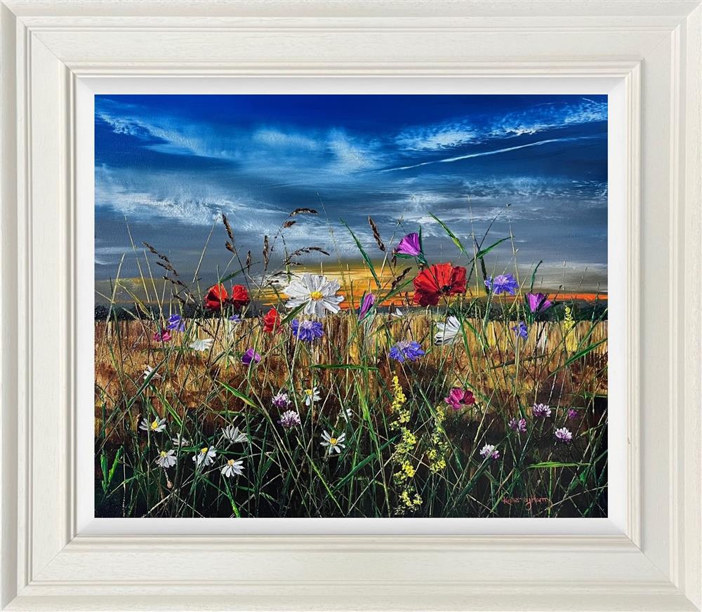Framed artwork of a field with wildflowers and a blue sky. Kimberley Harris Tranquility Hand Embellished Canvas Framed - The Acorn Gallery, Pocklington