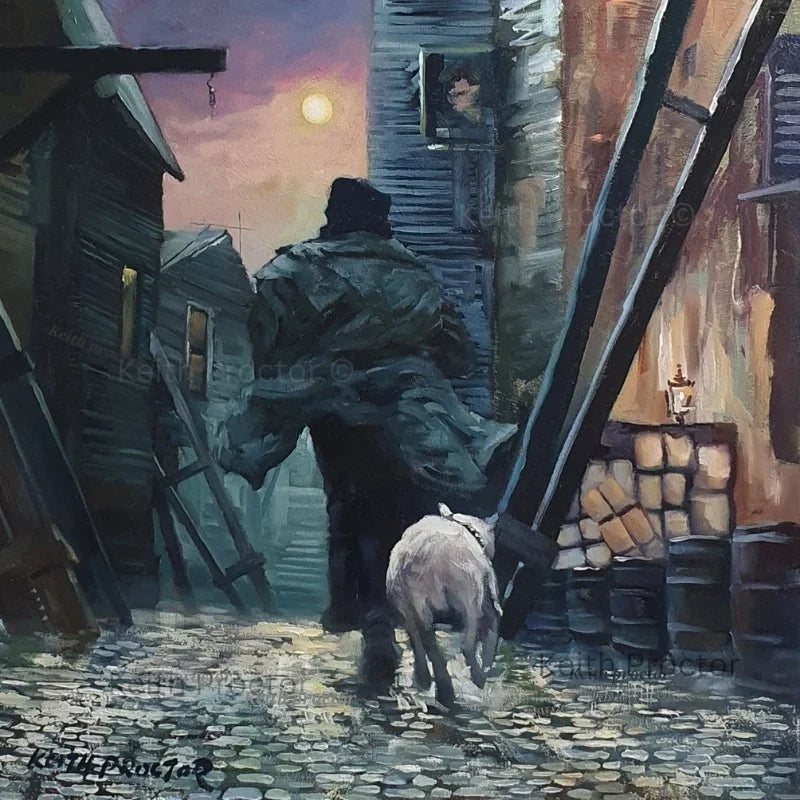 Bill Sikes And Bulls-Eye hand embellished canvas board by Keith Proctor depicting a shadowy Victorian figure walking with his dog along a cobbled London street.