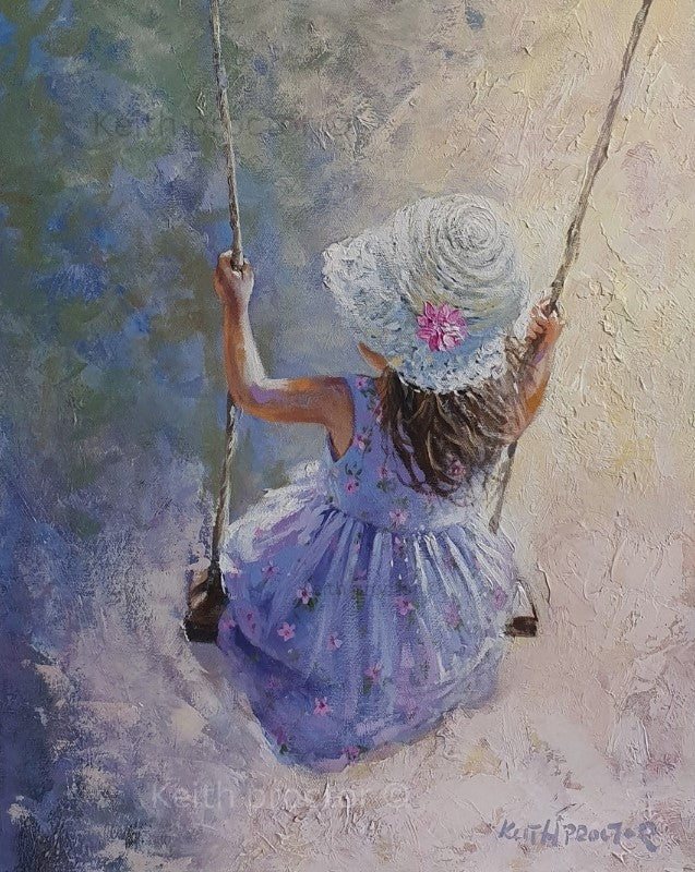 Blowin In The Wind hand embellished canvas by Keith Proctor featuring a little girl in a lilac floral dress and white sunhat sitting on a wooden swing.