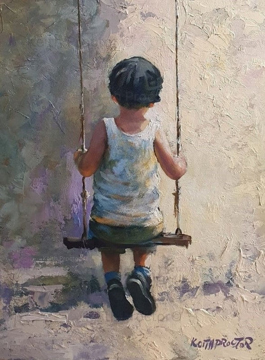 Day Dreamer hand embellished canvas board by Keith Proctor showing a young boy in a vest, shorts and trainers sitting on a wooden swing.