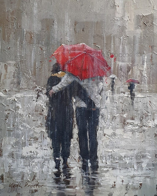 Days Like This hand embellished canvas board by Keith Proctor depicting a couple walking arm in arm beneath a red umbrella on a rain-soaked city street.