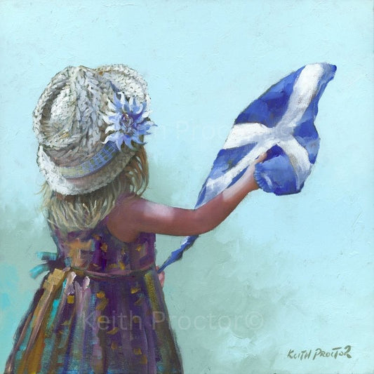 Freedom hand embellished canvas by Keith Proctor showing a little girl in a straw hat and colourful dress waving the blue and white Scottish Saltire.