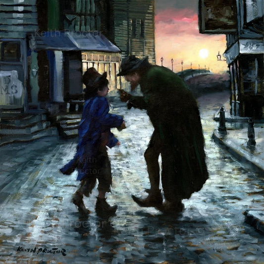 I'm Reviewing The Situation hand embellished canvas board by Keith Proctor depicting Fagin speaking to a young boy on a wet Victorian London street at sunset.