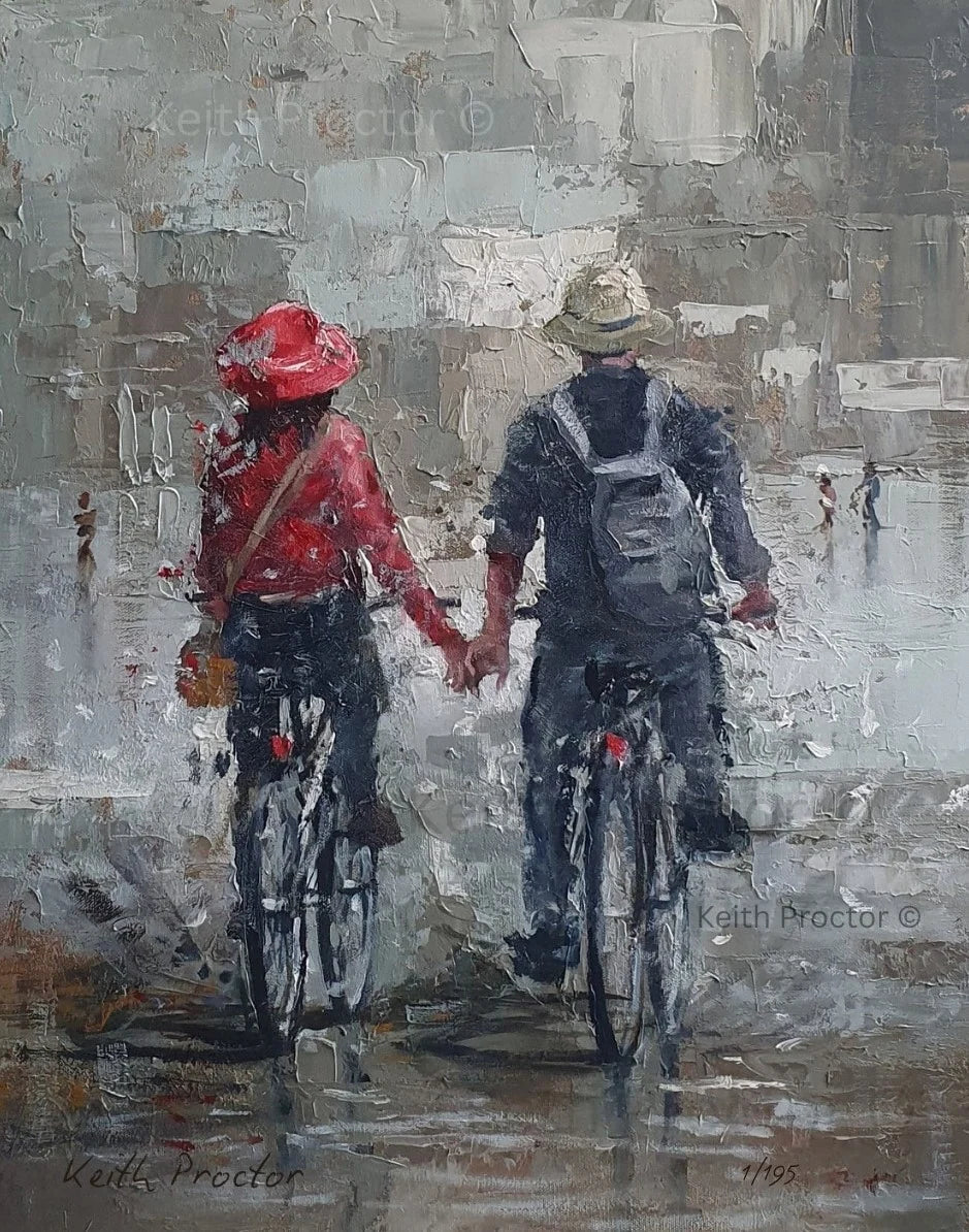 It Takes Two hand embellished canvas board by Keith Proctor showing two cyclists holding hands as they ride along a wet street, one wearing a red jacket and the other a straw hat.