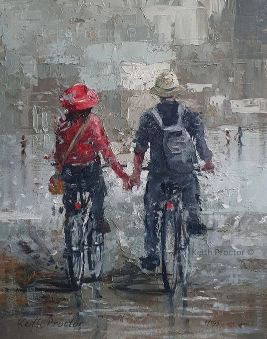 It Takes Two hand embellished canvas board by Keith Proctor showing two cyclists holding hands as they ride along a wet street, one wearing a red jacket and the other a straw hat.