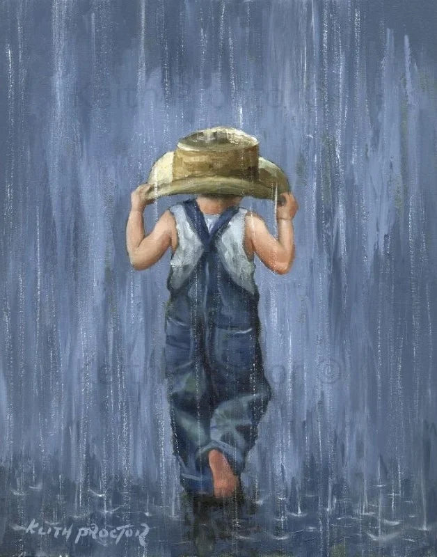 Looks Like Rain hand embellished canvas board by Keith Proctor showing a young boy in denim dungarees holding a straw hat as he walks through pouring rain.