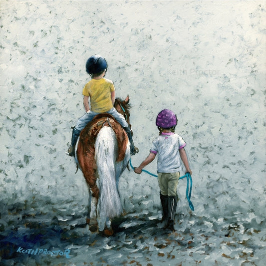 Memory Lane hand embellished canvas board by Keith Proctor showing one child riding a chestnut and white pony while another walks alongside holding the lead rope.