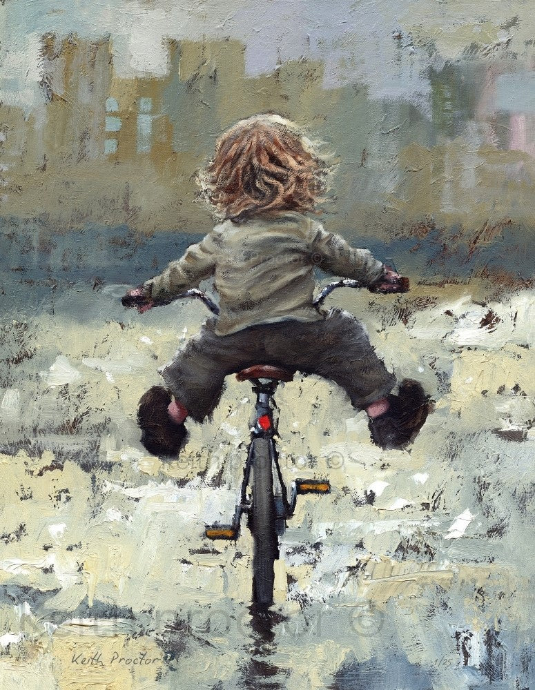 Mission Impossible hand embellished canvas board by Keith Proctor showing a young child with windswept hair balancing on a bicycle above a puddle-covered path.