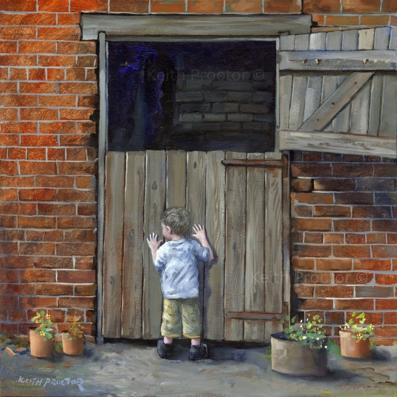 Nosey Parker hand embellished canvas board by Keith Proctor showing a young boy peering over a wooden stable door set in a red brick building.