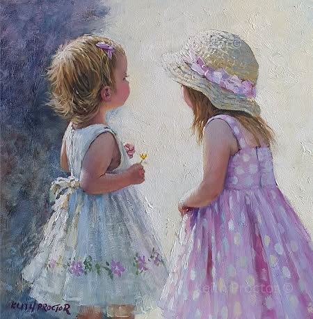 Once Upon A Time hand embellished canvas board by Keith Proctor featuring two little girls in pretty blue and pink dresses sharing a special moment together.